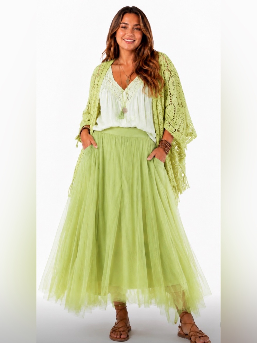 Light Green Tulle Maxi Skirt with Flowing Layers